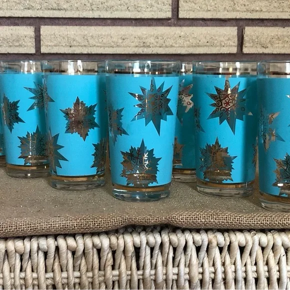 60's Aqua/Gold Starburst Glasses - 8 - Tumblers - Highballs - Barware -Glassware - Picture 3 of 14